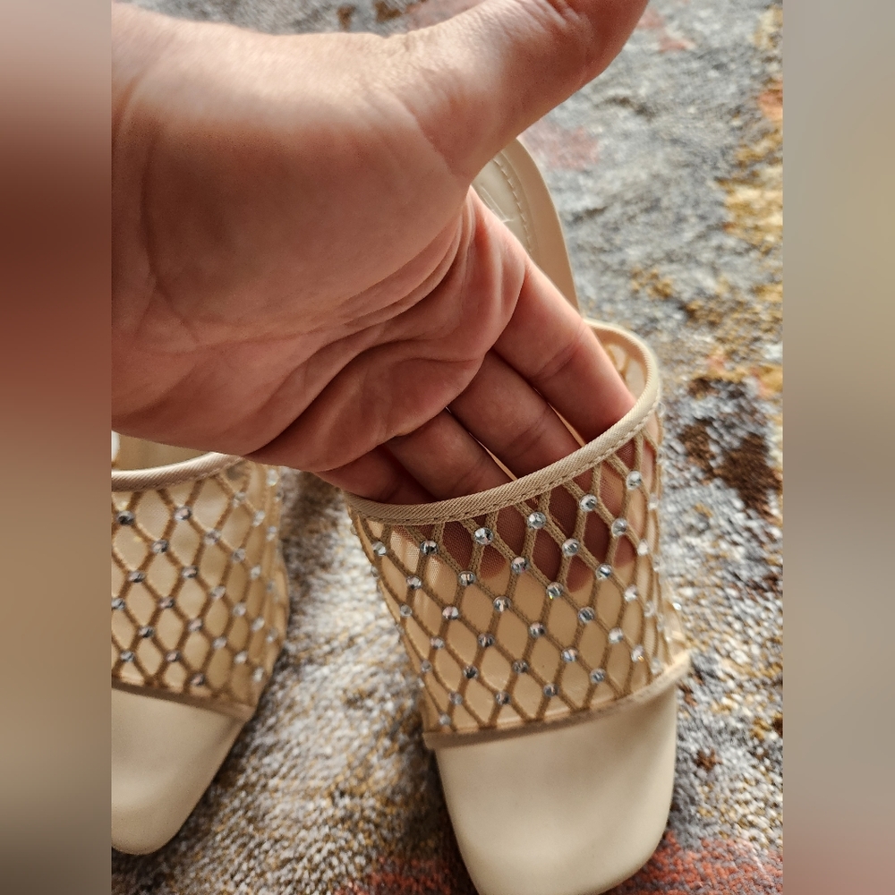 NWT Zara Size 6.5 Beige Rhinestone Mesh Slide Heels - Picture 5 of 7